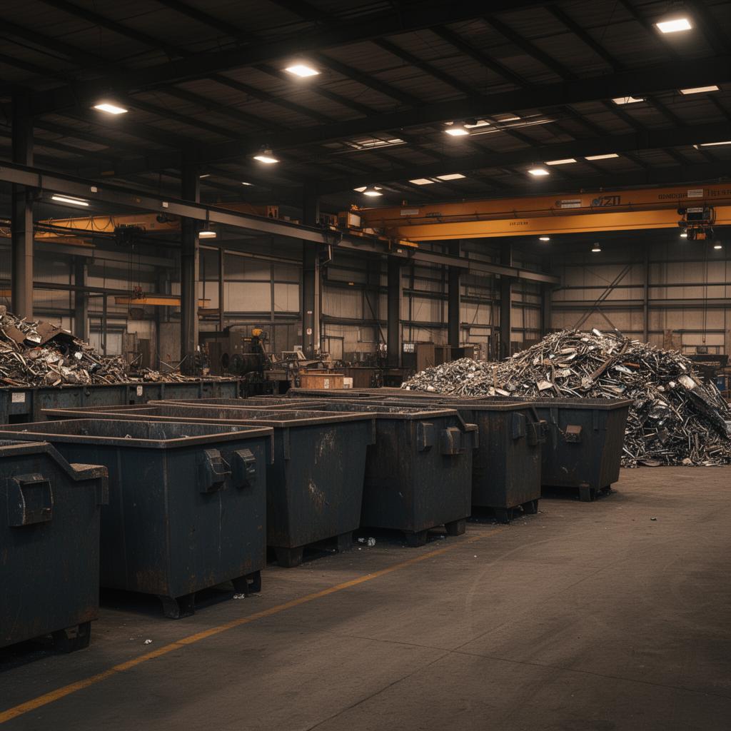 Industrial waste containers in an organized manufacturing warehouse